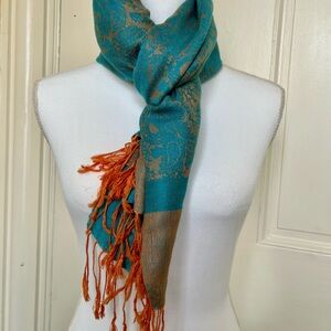 NWOT Teal and Tangerine Orange Silk Pashmina Shawl